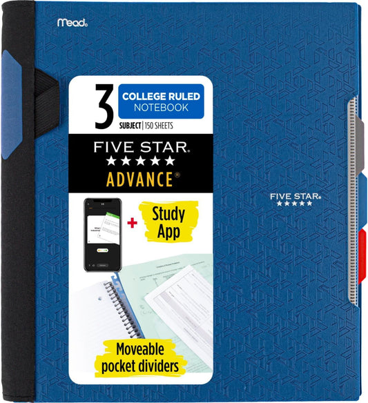 Five Star Advance Spiral Notebook + Study App, 3 Subject, College Ruled Paper, 8-1/2" x 11", 150 Sheets, Spiral Guard, Movable Tabbed Dividers, Pacific Blue (73138)