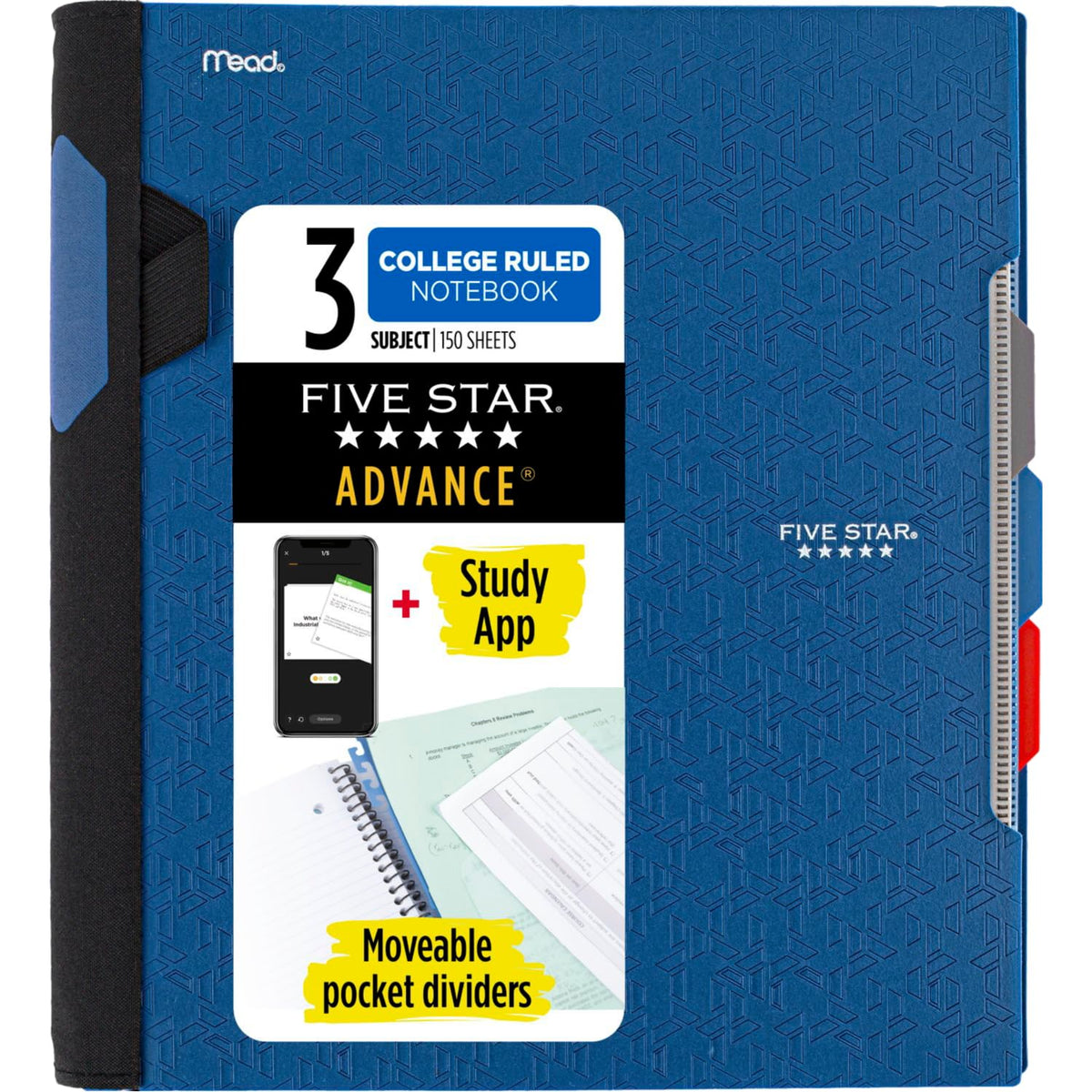 Five Star Advance Spiral Notebook + Study App, 3 Subject, College Ruled Paper, 8-1/2" x 11", 150 Sheets, Spiral Guard, Movable Tabbed Dividers, Pacific Blue (73138)