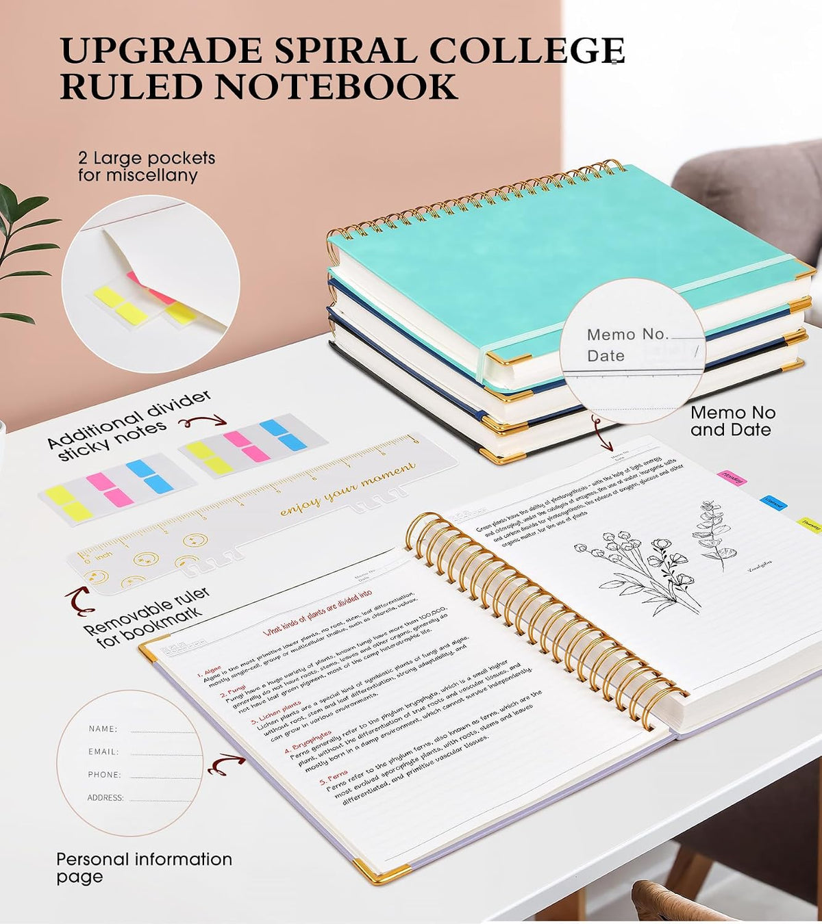 Spiral Notebook Journal 8.5” x 11”, 300 Pages Hardcover Leather Lined Journals for Women Men, A4 Large College Ruled Notebooks with 100 GSM Thick Paper, Spiral Journal for Writing Work School, Purple