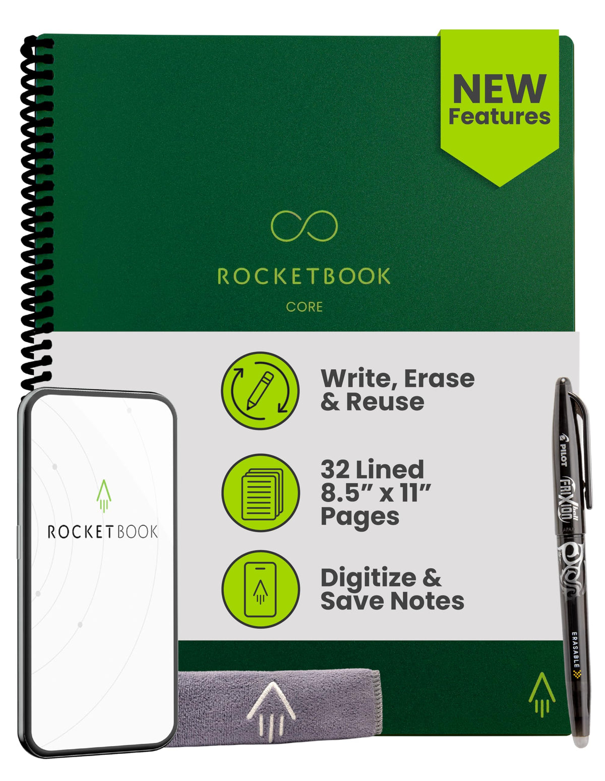 Rocketbook Core Reusable Smart Notebook, Letter Size 8.5x11, Black