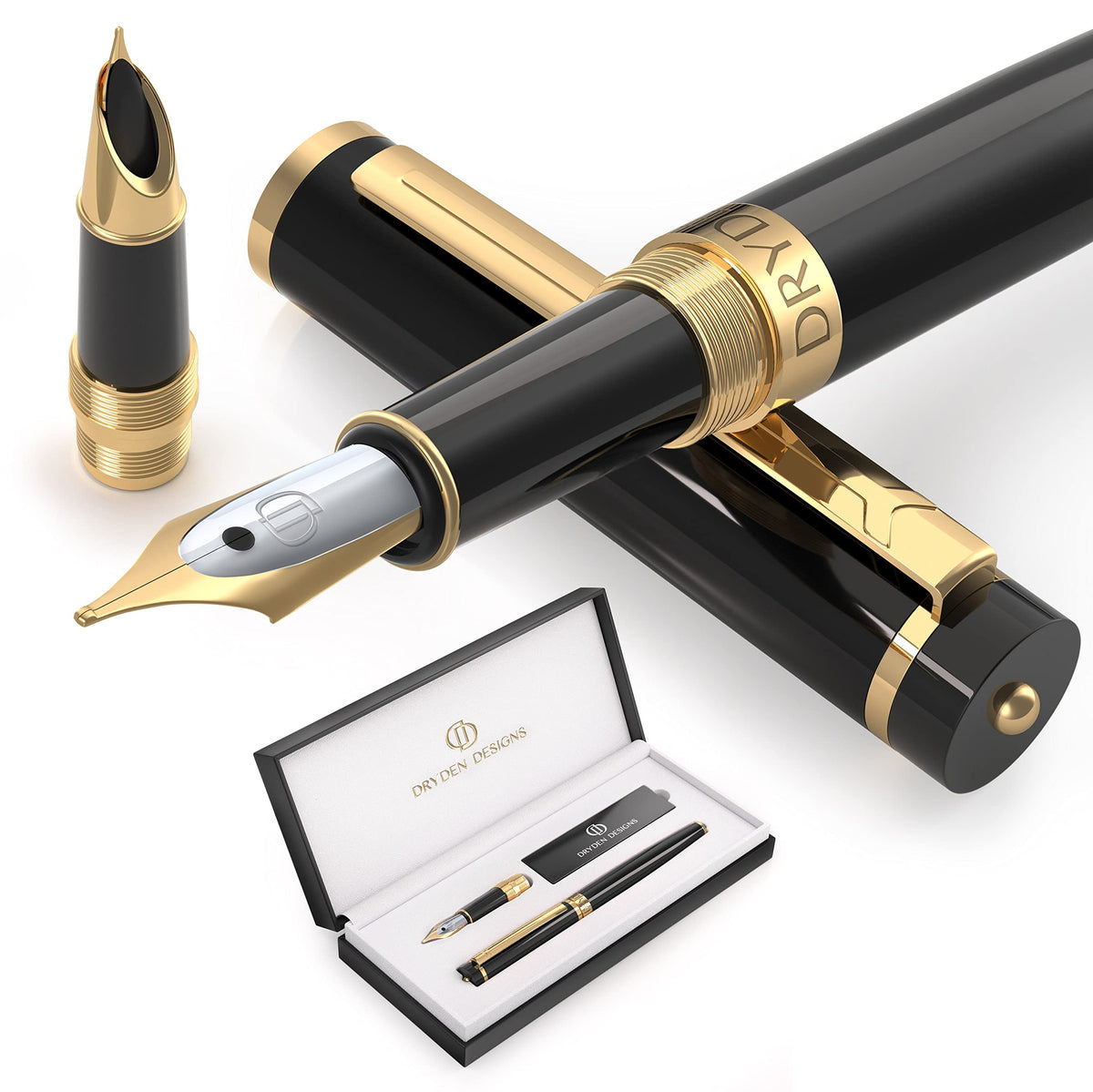 Dryden Designs Fountain Pen - Medium Nib and Fine Nib | Includes Luxury Box, 6 Ink Cartridges - 3 Black 3 Blue and Ink Refill Converter - Mysterious Blue