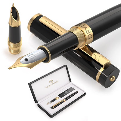 Dryden Designs Fountain Pen - Medium Nib and Fine Nib | Includes Luxury Box, 6 Ink Cartridges - 3 Black 3 Blue and Ink Refill Converter - Mysterious Blue