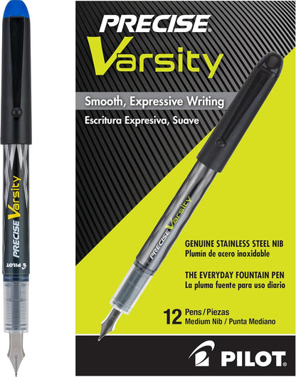 PILOT Precise Varsity Pre-Filled Fountain Pens, 1.0mm, Black Ink, 12-Pack