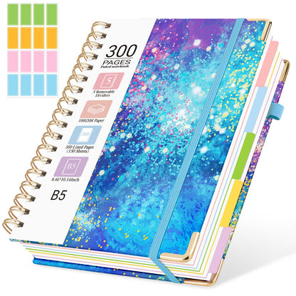 Hardcover Spiral Notebook, 5 Subject Notebook College Ruled 300 Pages