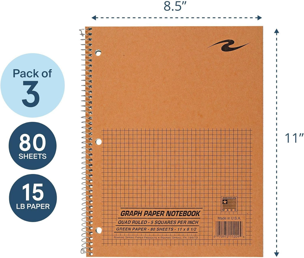 ROARING SPRING Graph Paper Notebook, Spiral Lab Notebook, 3 Pack, Green Tinted Paper, 80 Sheets, 11" x 8.5", Quad Ruled 5x5 Grid, Made in USA, Ideal for Math, Engineering & Science