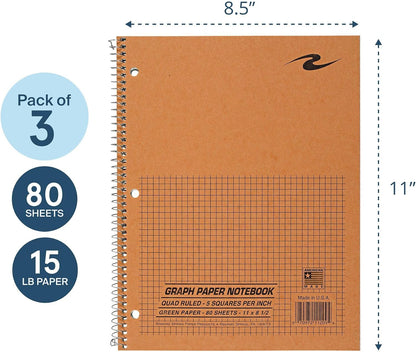 ROARING SPRING Graph Paper Notebook, Spiral Lab Notebook, 3 Pack, Green Tinted Paper, 80 Sheets, 11" x 8.5", Quad Ruled 5x5 Grid, Made in USA, Ideal for Math, Engineering & Science
