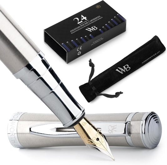 Wordsworth & Black Fountain Pen Set for Writing, Extra Fine Nib, Silver