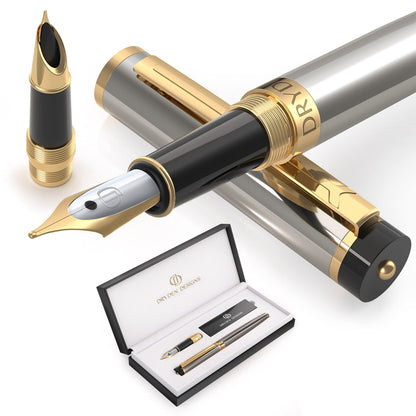 Dryden Designs Fountain Pen - Medium Nib and Fine Nib | Includes Luxury Box, 6 Ink Cartridges - 3 Black 3 Blue and Ink Refill Converter - Mysterious Blue