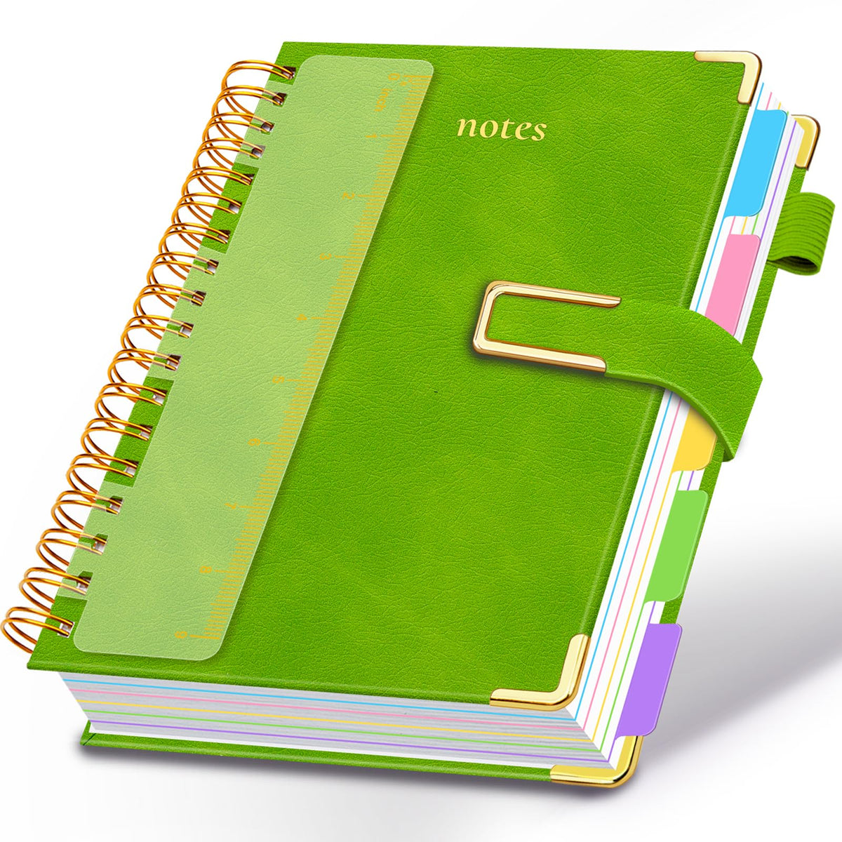 Hardcover Spiral Notebook College Ruled, 6.2"x 8.2" Leather Journal Notebook with Magnetic Closure, 300 Pages 5 Subject Notebook with Dividers Tabs Journal for Women Men, Work, School(Sage Green)