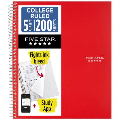 Five Star Spiral Notebook + Study App, 5 Subject, College Ruled Paper, 8-1/2" x 11", 200 Sheets, Fights Ink Bleed, Water Resistant Cover, Prom Pink (820004R)