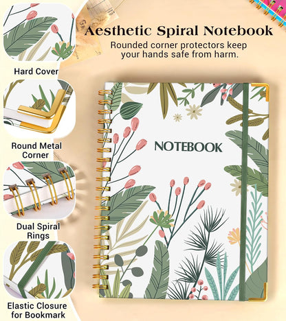 Lined Spiral Notebook Journal for Women, 200 Pages Aesthetic Notebooks 8.5” x 11”, A4 Large Hardcover Spiral Journals with 100 GSM Thick Paper, Cute College Ruled Notebook for Writing Work School, Colorful Botanicals