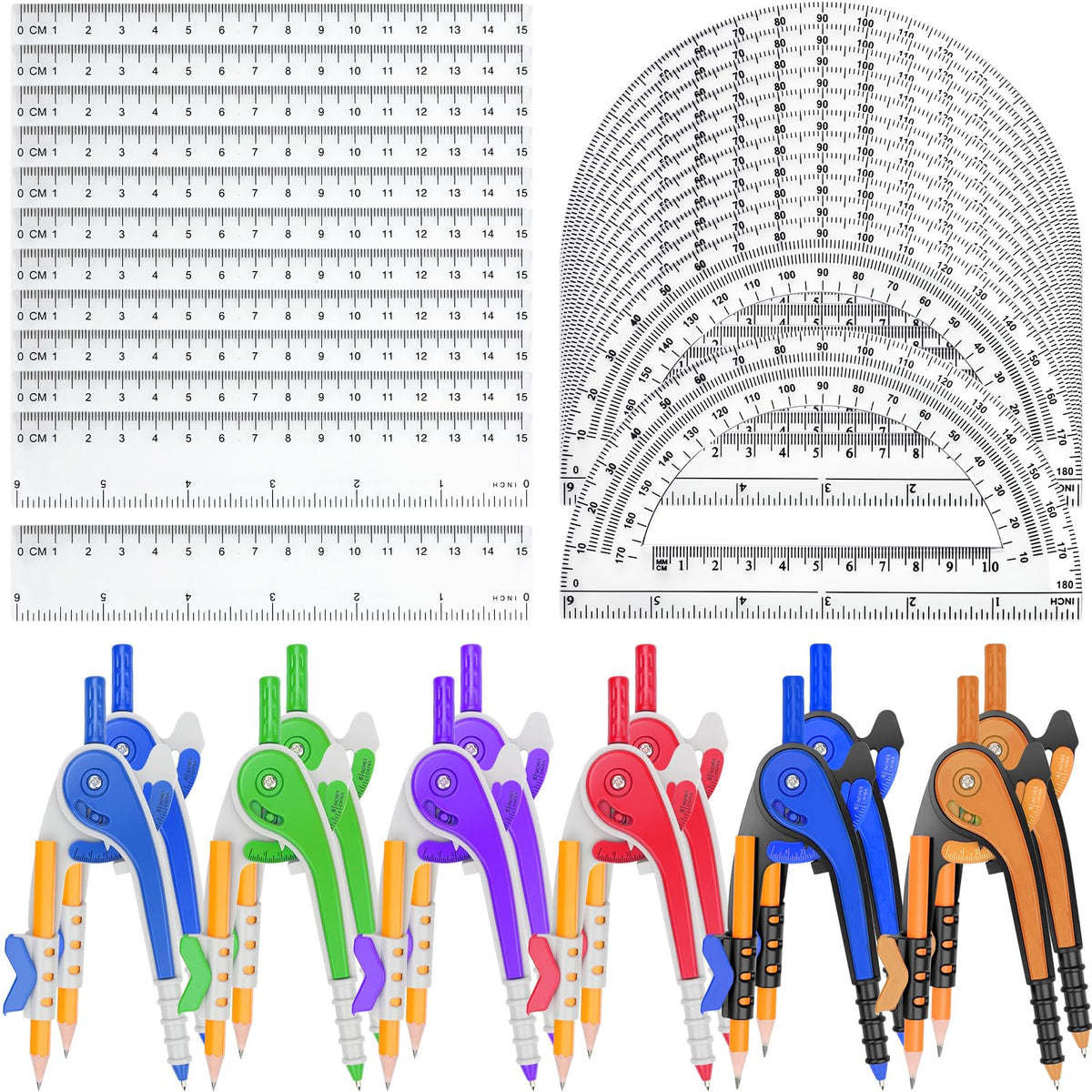 72 Pack Math Compass & Protractor Geometry Math Plastic Ruler Set