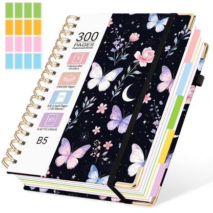 Hardcover Spiral Notebook, 5 Subject Notebook College Ruled 300 Pages