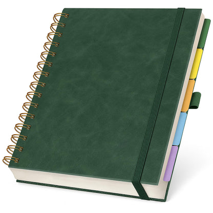 Hardcover Lined Spiral Notebook with Removable Dividers Leather Bound Green