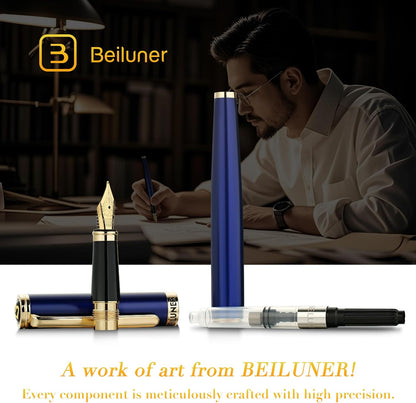 BEILUNER Blue Fountain Pen, 24K Gold Accents,24K Gilded Nib(Medium)