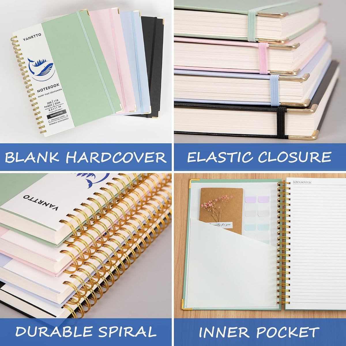VANRTTO Hardcover College Ruled Spiral Notebook 8.5x11 IN A4 for Work Green