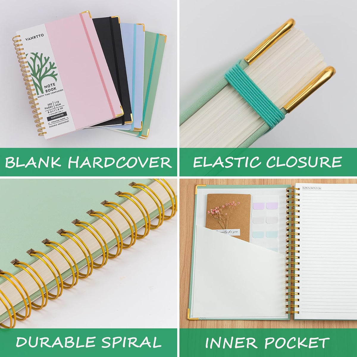 VANRTTO Hardcover Spiral Notebook 8.5x11 IN Notebooks College Ruled Green