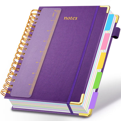 Hardcover Spiral Notebook 8"x10" Journal Notebook with Tabs and Removable Dividers 300 Pages 5 Subject Notebook College Ruled, Faux Leather Spiral Bound Notebook for Women School Work (Purple)
