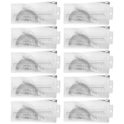 10 Pcs Ruler Set, Transparent Plastic Triangular Rulers, Protractors and Straightedge, Double Sided Metric and Imperial Scales, Clear Markings for Drawing and Drafting