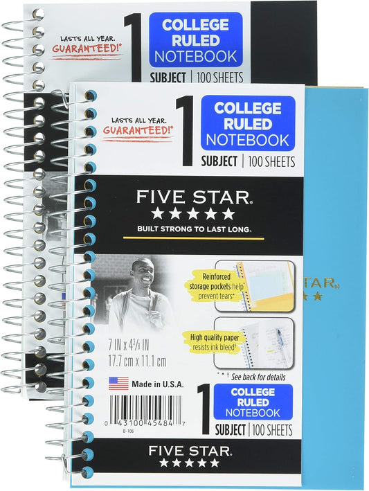 Mead Five Star Spiral Notebooks, 1 Subject, College Ruled Paper, 100 Sheets, 7 x 4-3/8", Personal Size, Colors Selected For You, 2 Pack (73707)