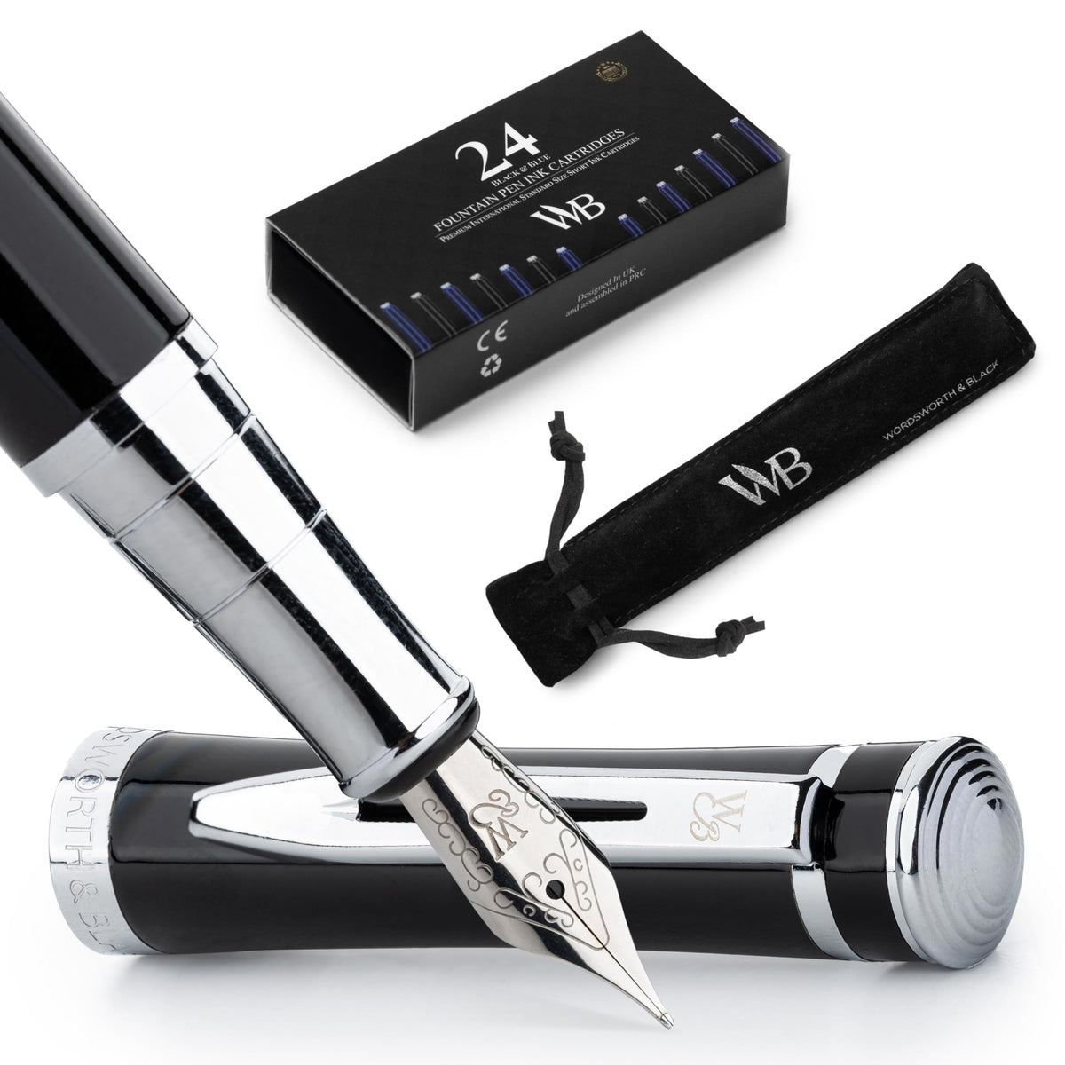 Wordsworth & Black Fountain Pen Set for Writing, Extra Fine Nib, Silver