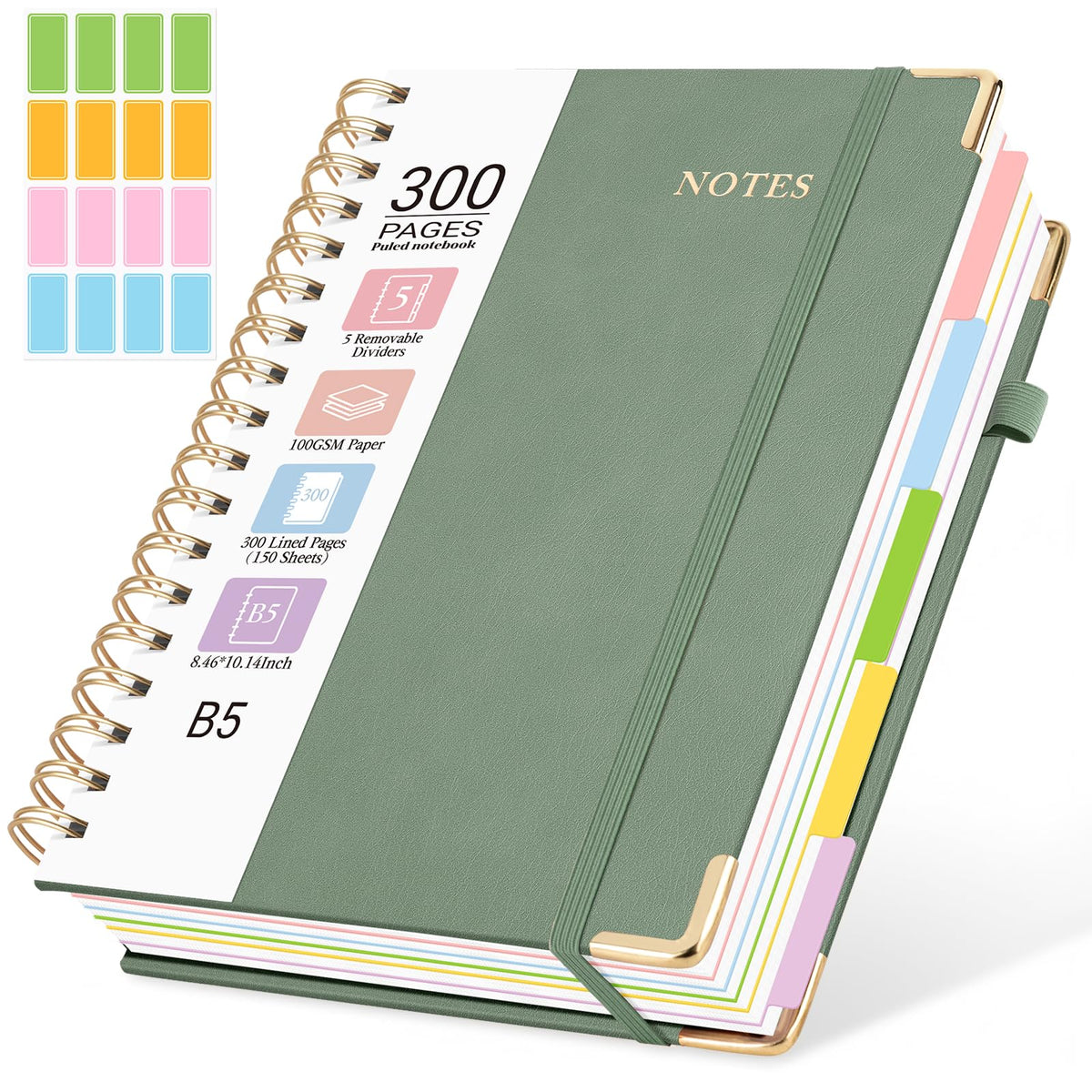 Hardcover Spiral Notebook, 5 Subject Notebook College Ruled 300 Pages