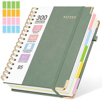 Hardcover Spiral Notebook, 5 Subject Notebook College Ruled 300 Pages