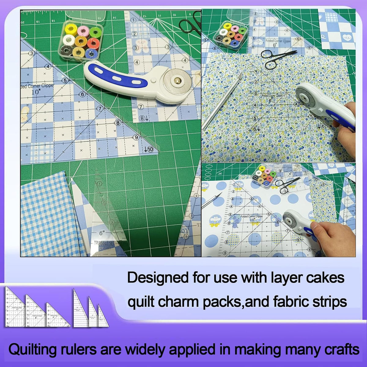 6 Pieces Folded Corner Ruler 6 8 10 Inch Quilting Template Triangle Ruler, 45 Degree Acrylic Triangle Quilt Template, Sewing Templates for Sewing Cutting Cutter Tools, Transparent