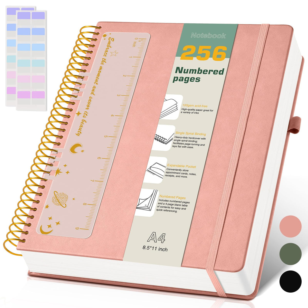 A4 Spiral Notebook Journal 8.5” x 11”, 256 Numbered Pages Hardcover Leather Journals for Women Men, Large Lined College Ruled Notebooks, 100GSM Thick Paper, Spiral Bound Journal for Work School, Green