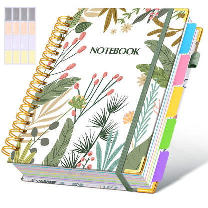 Hardcover Spiral Notebook journal with Removable Dividers Tabs, 300 Pages Leather 5 Subject Notebook College Ruled, 8"x10" Large B5 Notebooks for Work School Note taking, Lined Journal for Women,Green
