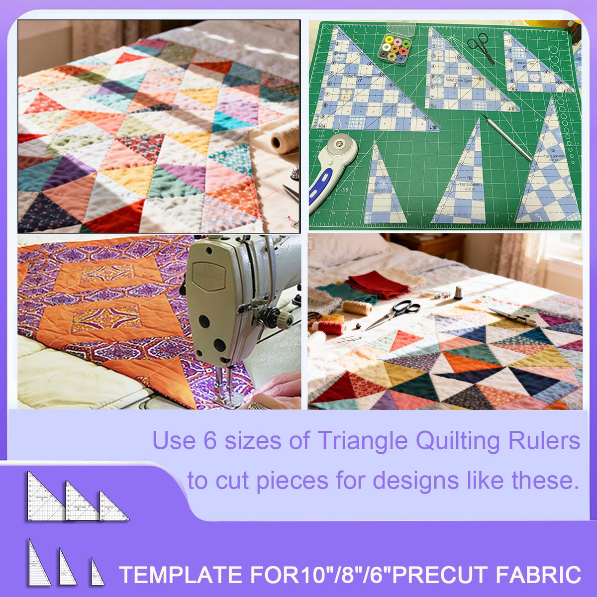 6 Pieces Folded Corner Ruler 6 8 10 Inch Quilting Template Triangle Ruler, 45 Degree Acrylic Triangle Quilt Template, Sewing Templates for Sewing Cutting Cutter Tools, Transparent