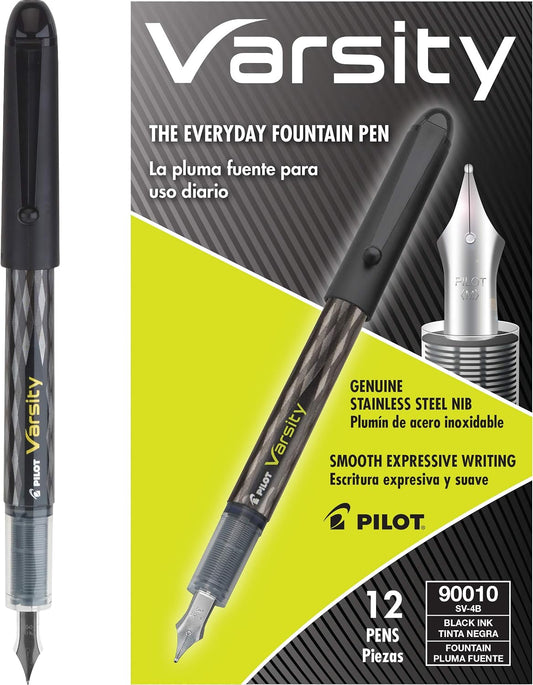PILOT Precise Varsity Pre-Filled Fountain Pens, 1.0mm, Black Ink, 12-Pack