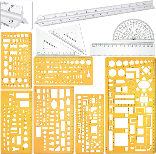 Zonon 11 Pcs Architect Scale & Geometric Drawing Template, Stylish, Yellow