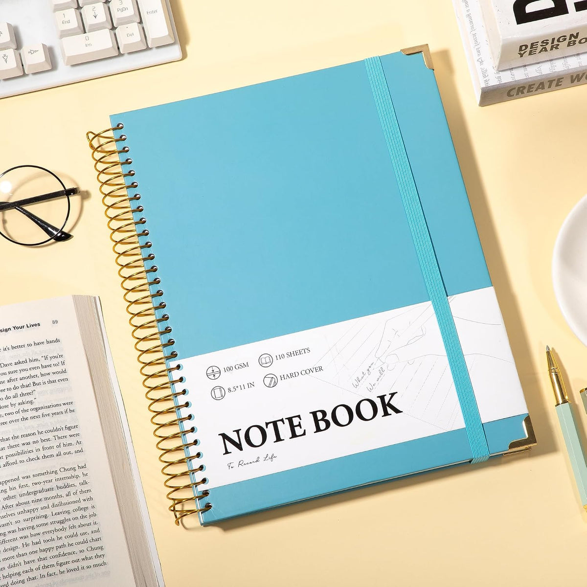 Large Hardcover Spiral Notebook College Ruled 8.5 X 11 with Stickers, Blue