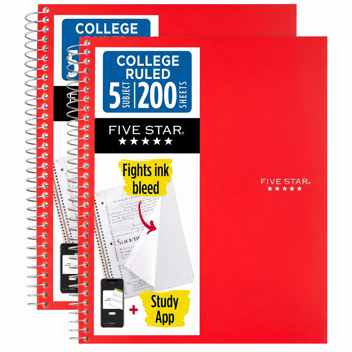 Five Star Spiral Notebook + Study App, 5 Subject, College Ruled Paper, 8-1/2" x 11", 200 Sheets, Fights Ink Bleed, Water Resistant Cover, Prom Pink (820004R)