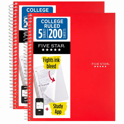 Five Star Spiral Notebook + Study App, 5 Subject, College Ruled Paper, 8-1/2" x 11", 200 Sheets, Fights Ink Bleed, Water Resistant Cover, Prom Pink (820004R)