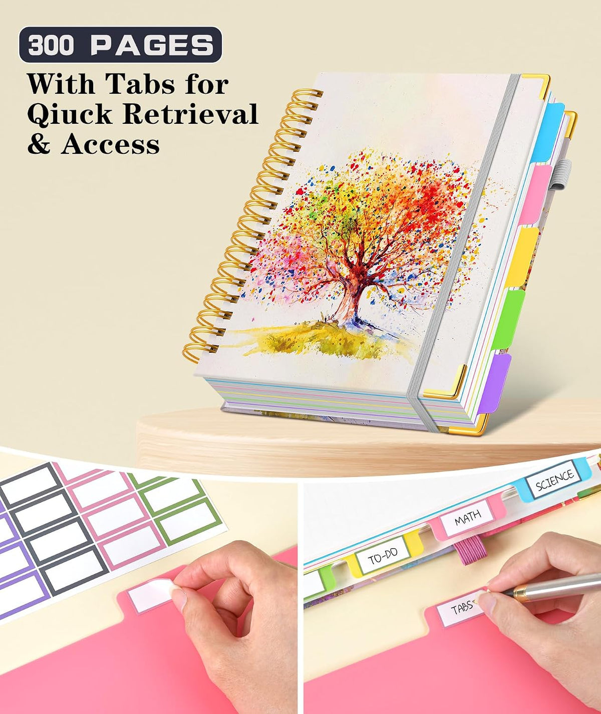 Large Spiral Notebook Journal 8.5"x11" with Divider Tabs, 300 Pages 5 Subject Notebooks for Work School, Cute Lined Journal for Women, A4 Hardcover Spiral Notebook College Ruled，ColorfulTreeofLife