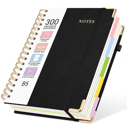 Hardcover Spiral Notebook, 5 Subject Notebook College Ruled 300 Pages