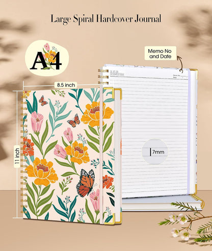 Cute Spiral Notebook Journal for Women, 200 Pages Lined Notebooks 8.5” x 11”, A4 Large Hardcover Spiral Journals with 100 GSM Thick Paper, College Ruled Notebook for Writing Work School, Orange Floral