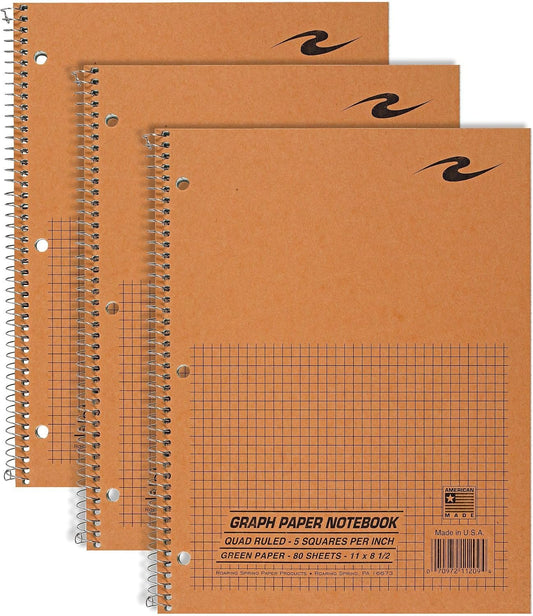 ROARING SPRING Graph Paper Notebook, Spiral Lab Notebook, 3 Pack, Green Tinted Paper, 80 Sheets, 11" x 8.5", Quad Ruled 5x5 Grid, Made in USA, Ideal for Math, Engineering & Science