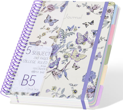 5 Subject Notebook College Ruled,B5 Spiral Lined Notebook with Dividers,240 Pages 100GSM Thick Spiral Writing Journal for Women,B5 Notebooks for School Office,7"*10",Purple