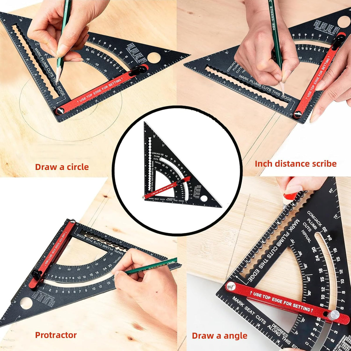Carpenter Square 7 inch,Adjustable Rafter Framing Square Tools,T Square Multi-Purpose Aluminum Alloy Triangle Carpenter Square for Woodworking and Carpentry | Drill Gauge, Protractor, Ruler ﻿
