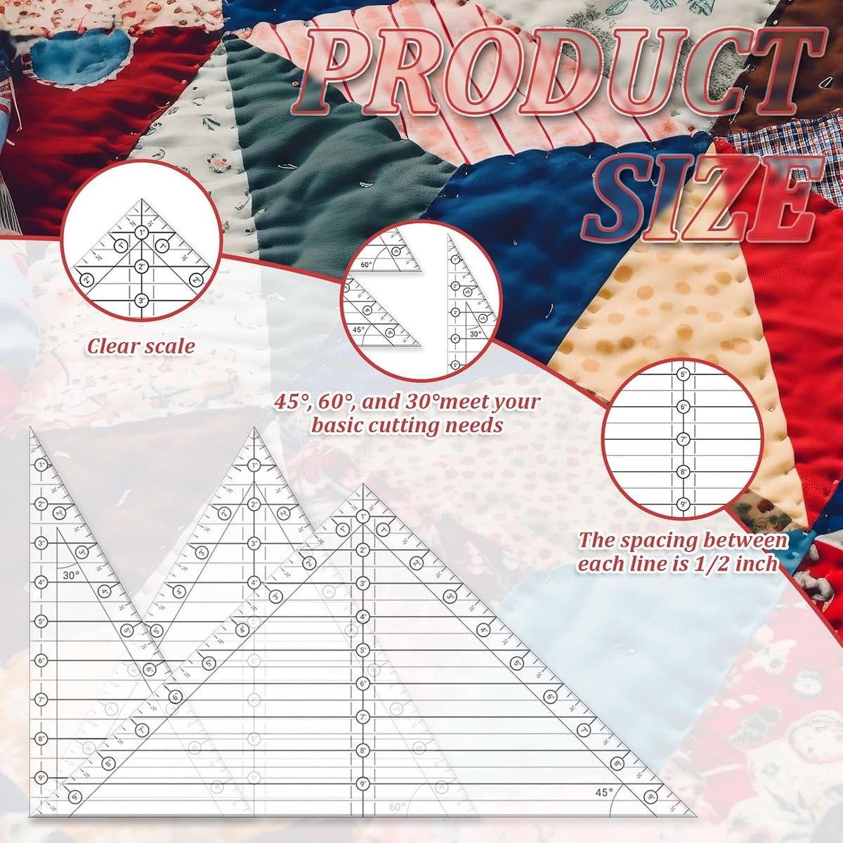 Watersay 3 Pcs 45°/30°/60° Angles Triangle Quilting Ruler 10 Inch Acrylic