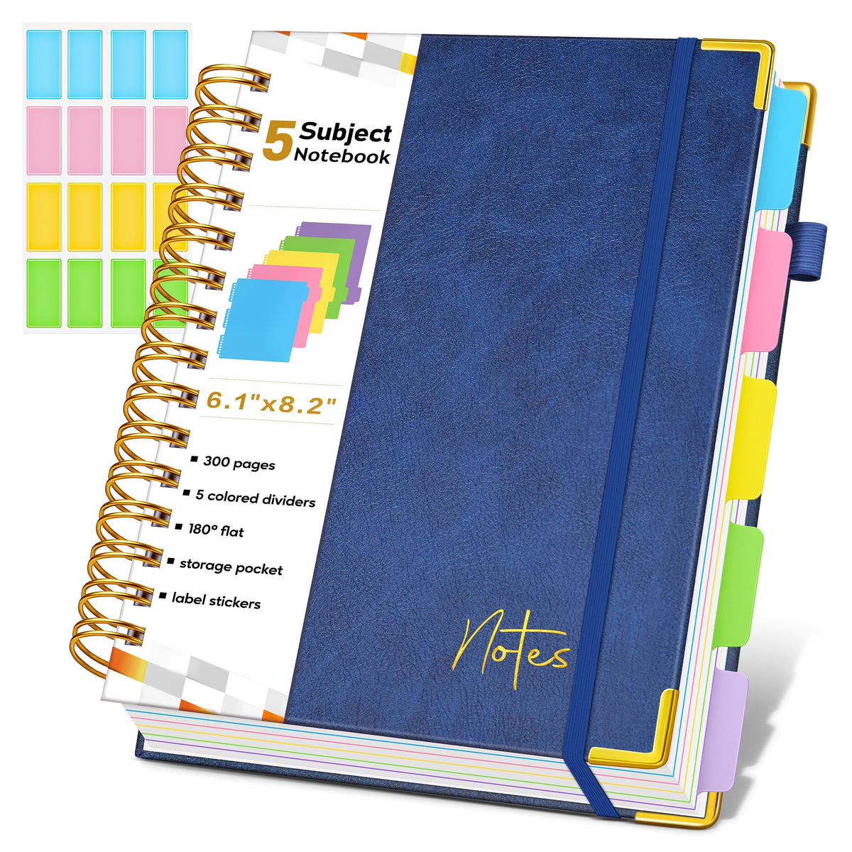 Spiral Notebook Journal with Removable Dividers Tabs, 300 Pages Hardcover Leather 5 Subject College Ruled Notebook, 8"x10" Large B5 Lined Journal for Women Men, Spiral Notebooks for Work School,Purple