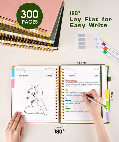 Hardcover Spiral Notebook journal with Removable Dividers Tabs, 300 Pages Leather 5 Subject Notebook College Ruled, 8"x10" Large B5 Notebooks for Work School Note taking, Lined Journal for Women,Green