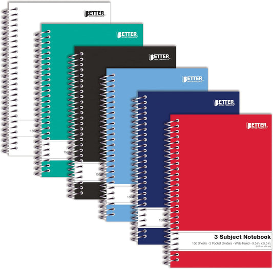 Better Office Products 3 Subject Spiral Notebooks, 9.5 x 5.5 inch, 6 Pack, 150 Sheet Notebook with 2 Double-Sided Pocket Dividers, Assorted Solid Color Covers (Wide Ruled)
