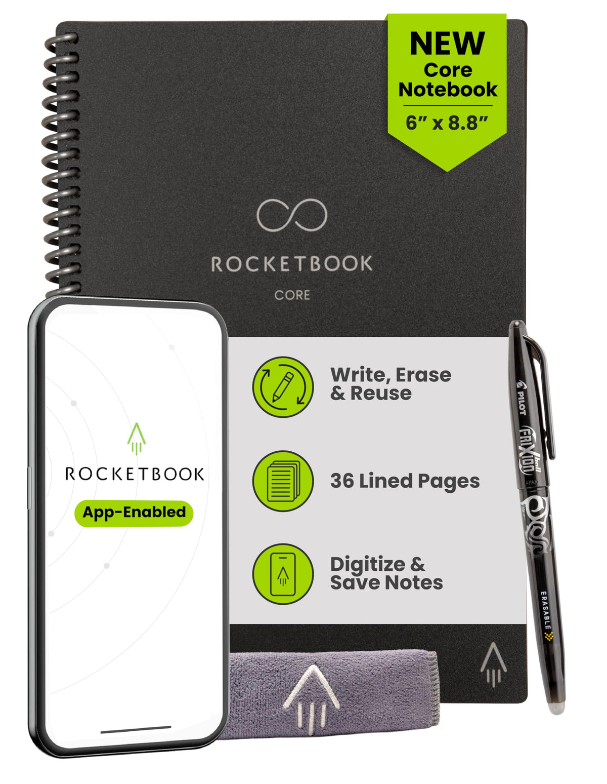 Rocketbook Core Reusable Smart Notebook, Letter Size 8.5x11, Black