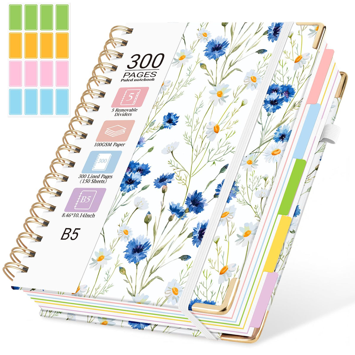 Hardcover Spiral Notebook, 5 Subject Notebook College Ruled 300 Pages