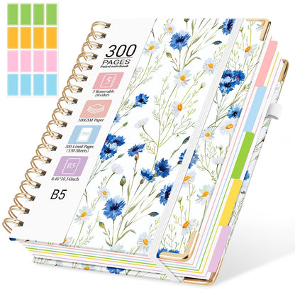 Hardcover Spiral Notebook, 5 Subject Notebook College Ruled 300 Pages