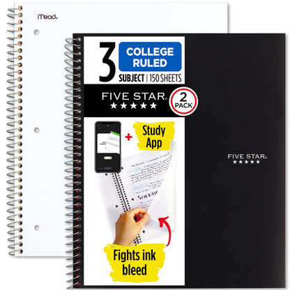 Five Star Spiral Notebook + Study App, 2 Pack, 3 Subject, College Ruled Paper, 8-1/2" x 11", 150 Sheets, Fights Ink Bleed, Water Resistant Cover, Black, Green (820191)